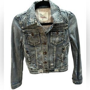White Crow Women’s Blue Distressed Embroidered Denim‎ Jean Jacket Size Small